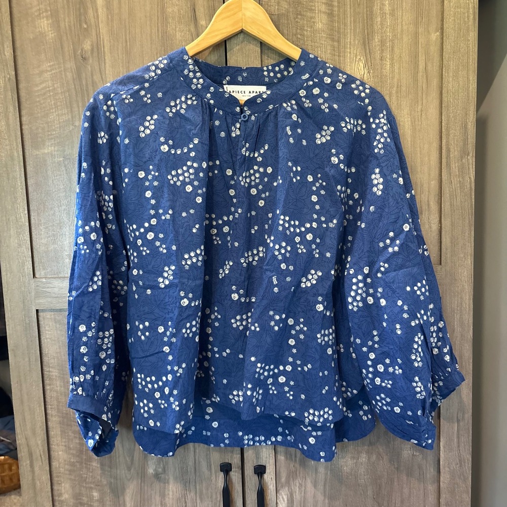 Apiece Apart Blue Floral Organic Cotton Blouse Large Balloon Sleeve Pintuck Top